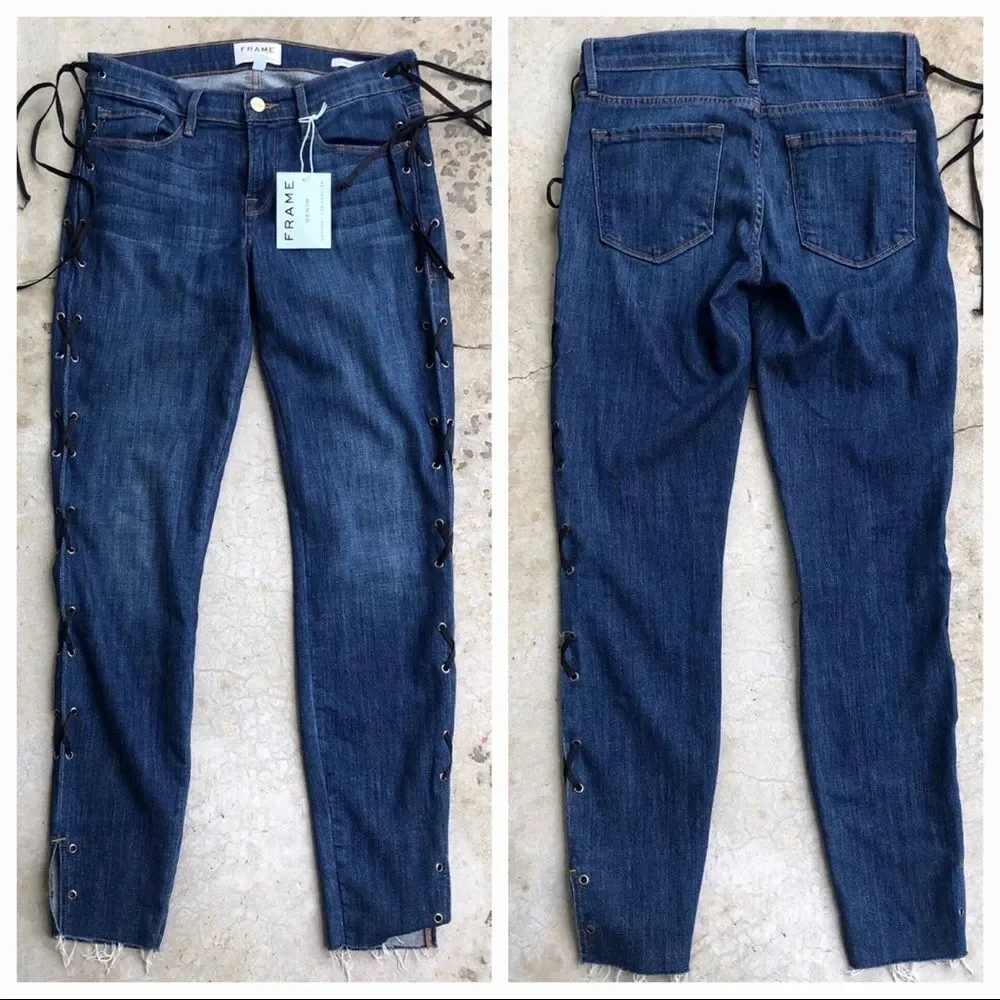 FRAME Le Skinny de Jeanne Lace Up Jeans 26 Raw Hem Fray Designer Denim NWT